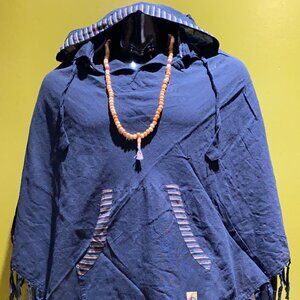 Cotton Diamond-Cut Front Pocket Hoodie Poncho - Solid (Blue)